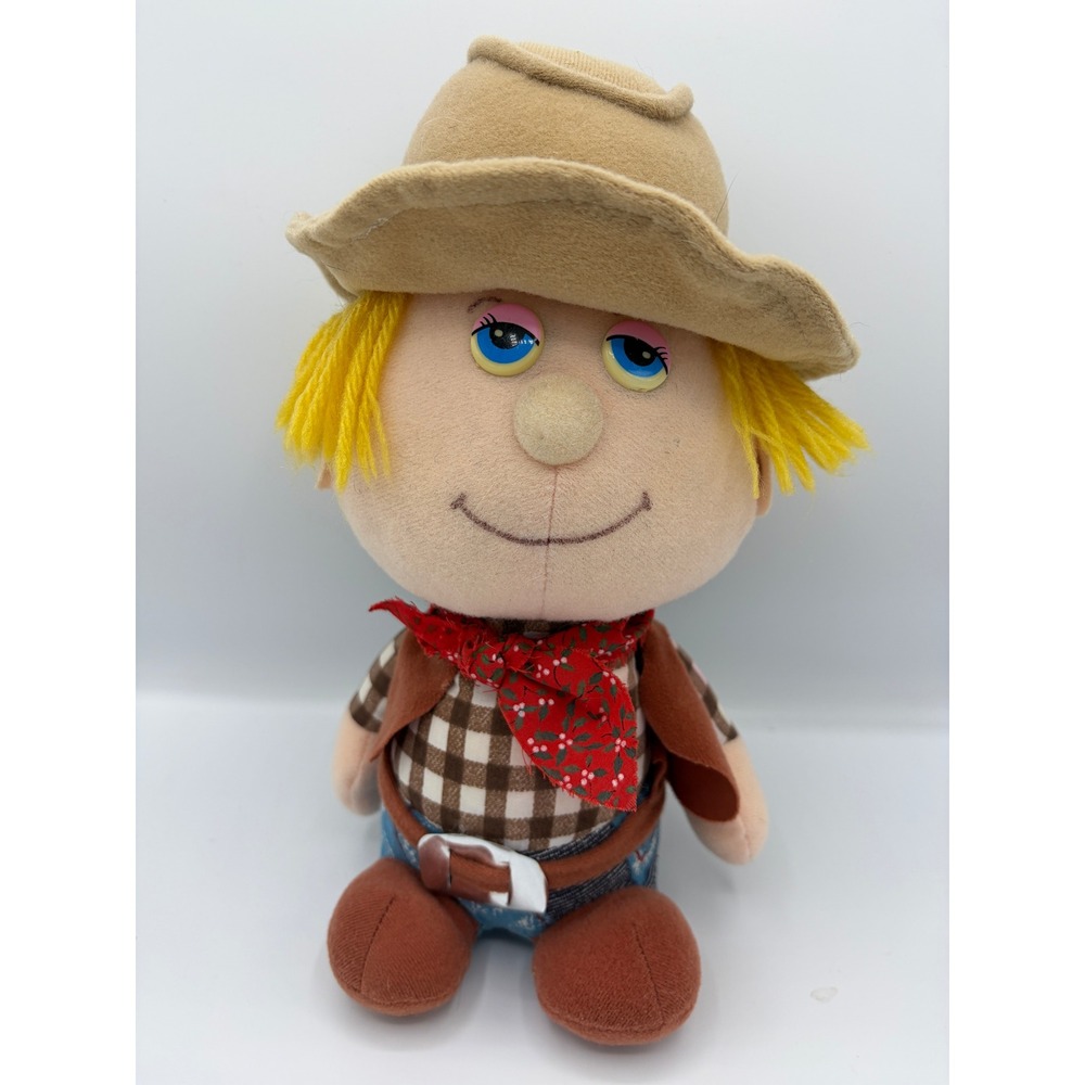 Vintage Cowboy Plush Doll Yellow Yarn Hair 9 Inch Western Stuffed Toy w/ Bandana